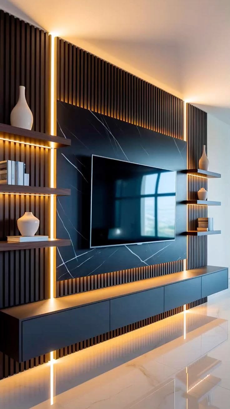 Illuminated Dark Slatted TV Wall Unit — F002