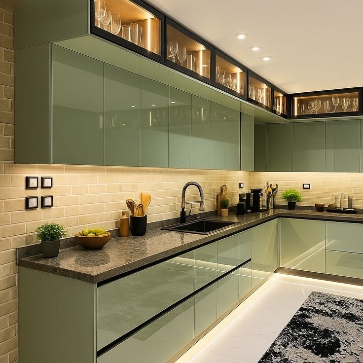 Green L-Shaped Kitchen Cabinets — F003