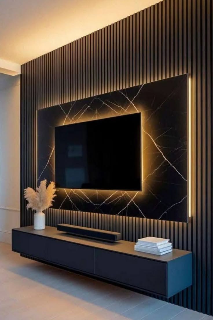 Dark TV Wall Unit with Gold-Coloured Accents — F005