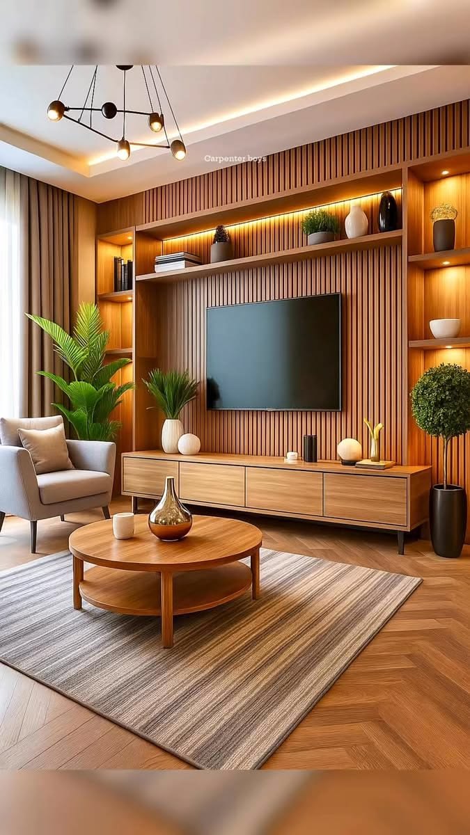 Wood-Tone TV Wall Unit with Display Shelves — F006