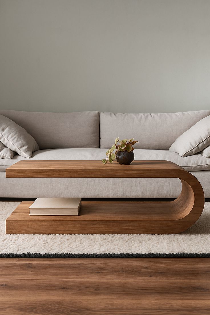 Curved Wood-Tone Coffee Table — F010