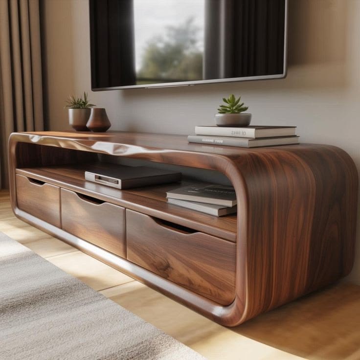 Rounded Wood-Tone TV Console — F011