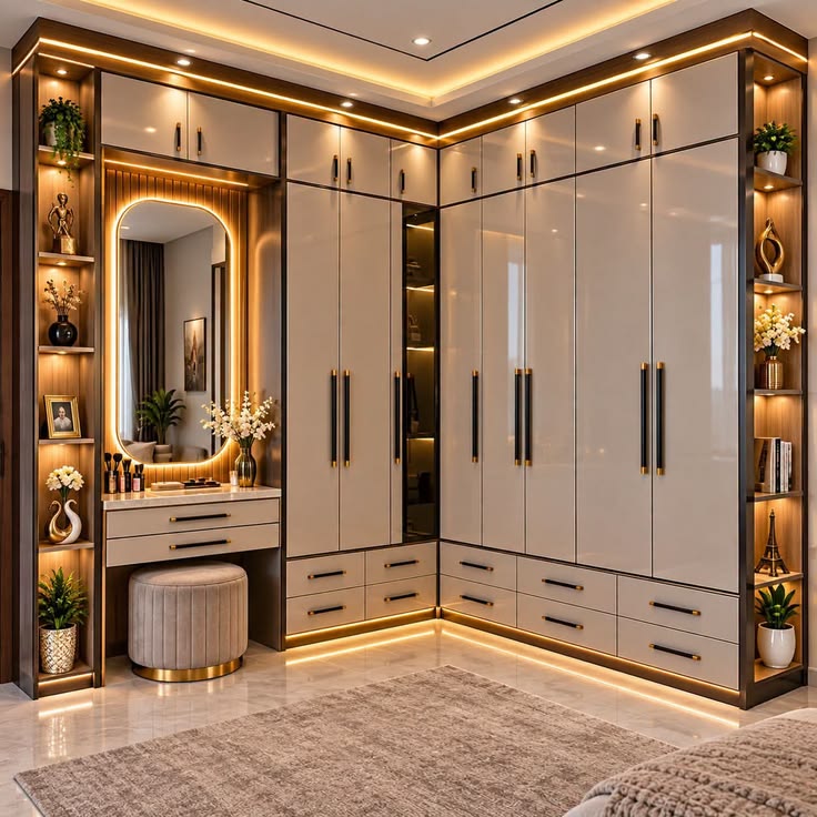 Illuminated Corner Wardrobe with Dressing Mirror — F016