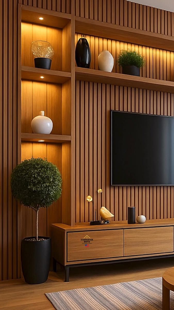 Wood-Tone TV Unit with Display Shelves — F019