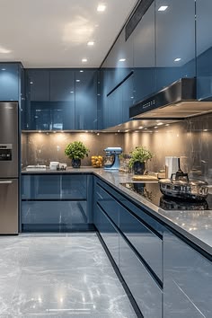 Blue L-Shaped Kitchen Cabinets — F021