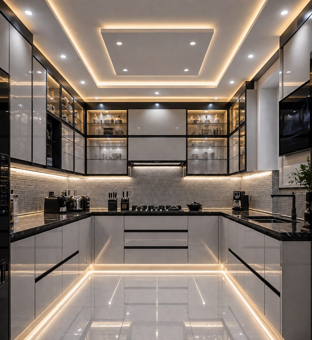 Kitchen Cabinets with Illuminated Glass Displays — F022