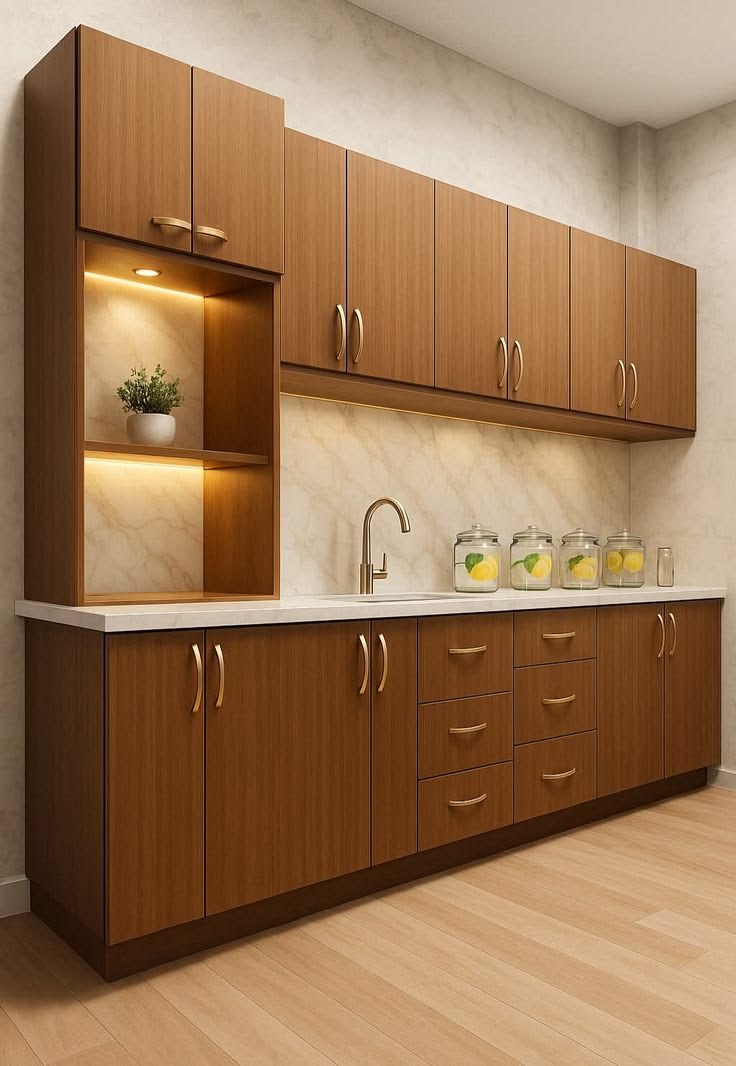 Wood-Tone Kitchen Cabinet Wall — F024