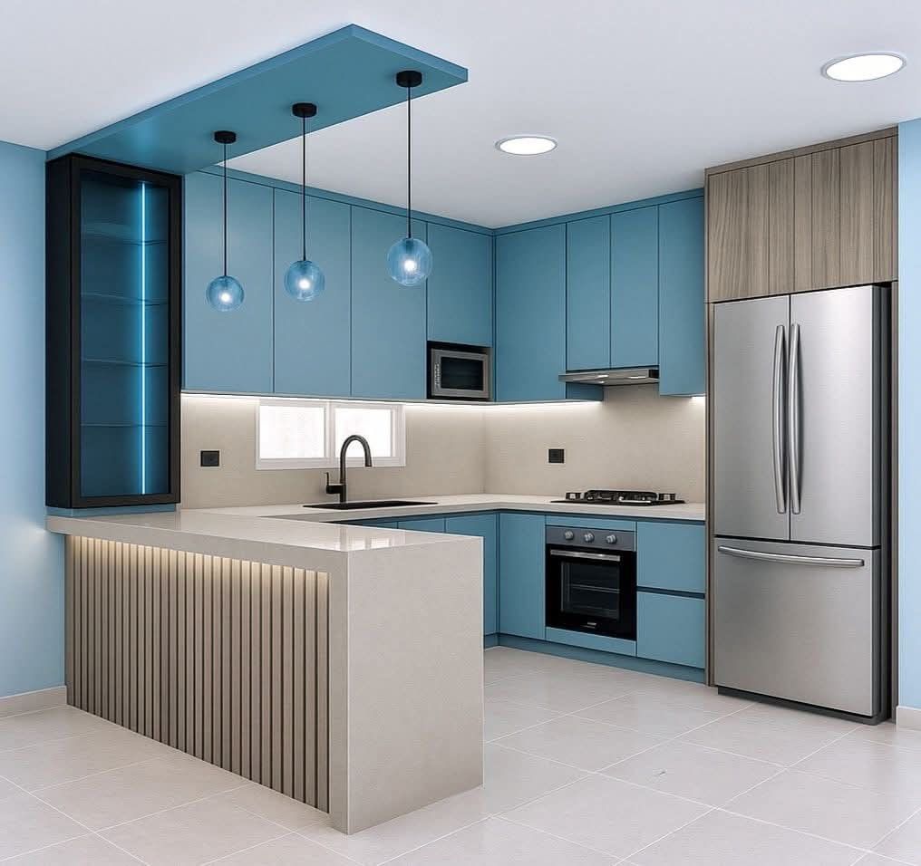 Blue Kitchen Cabinets with Peninsula — F025
