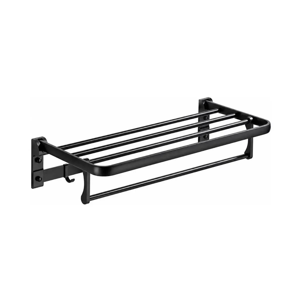 Dark wall-mounted shelf with parallel bars and a lower towel rail.