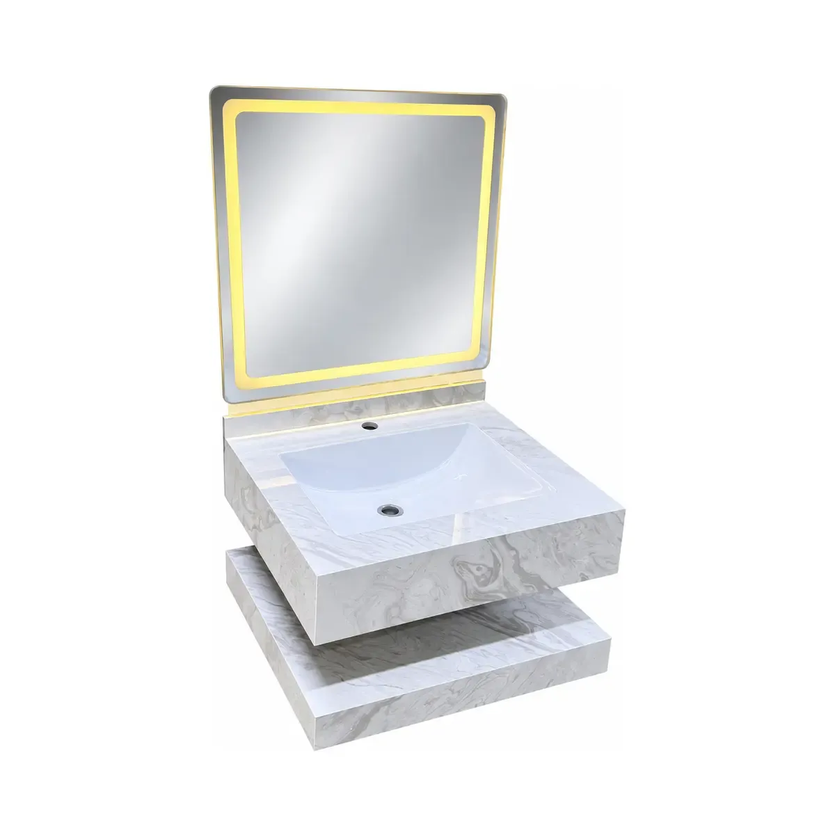 Light patterned vanity with a white basin, open shelf and a rectangular mirror depicted with an illuminated-looking border.