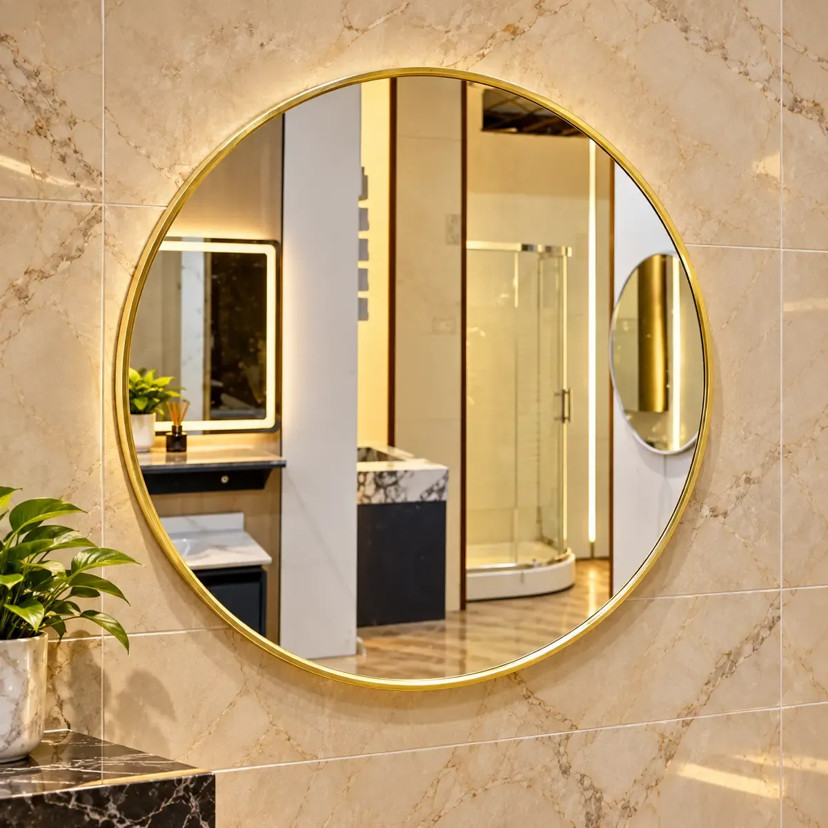 Round bathroom mirror with a narrow gold-coloured edge, depicted above a basin.
