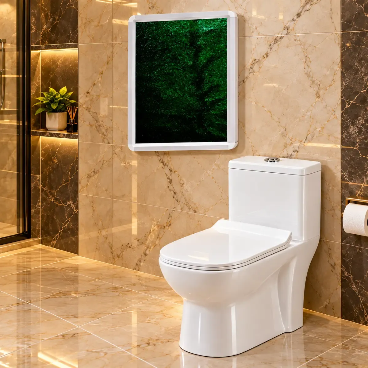 Small rectangular wall mirror with a white-looking edge and dark green reflection; a toilet is a scene prop.