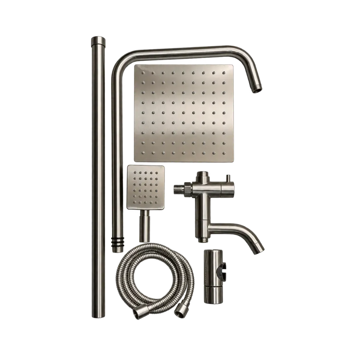 Grey silver-finish shower components with square heads, hoses, rail and lower spout-shaped fitting.