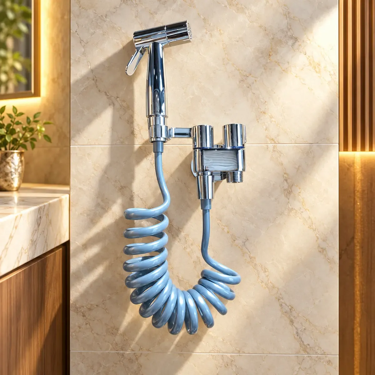 Wall-displayed reflective spray with a pale blue coiled hose and separate wall control fittings.