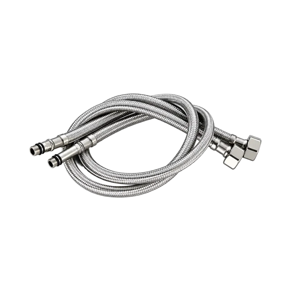 Two silver-coloured flexible braided hoses with threaded metal-looking ends.
