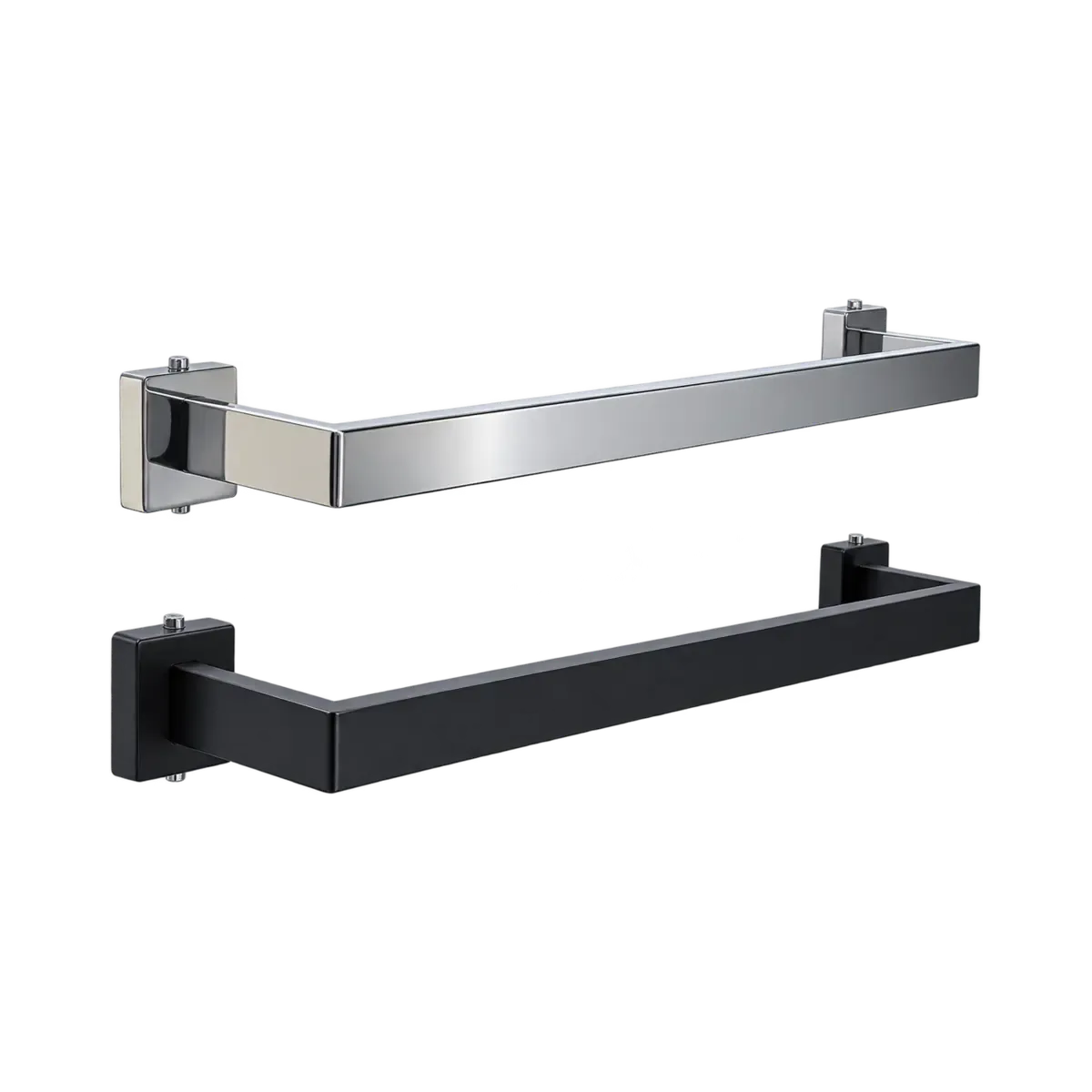 Silver-finish and black squared wall towel rails with rectangular mounting ends.