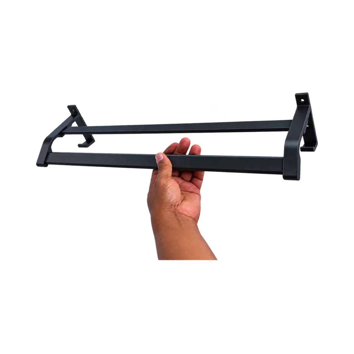 Black wall rail with two long horizontal bars and angular mounting brackets, shown held in a hand.