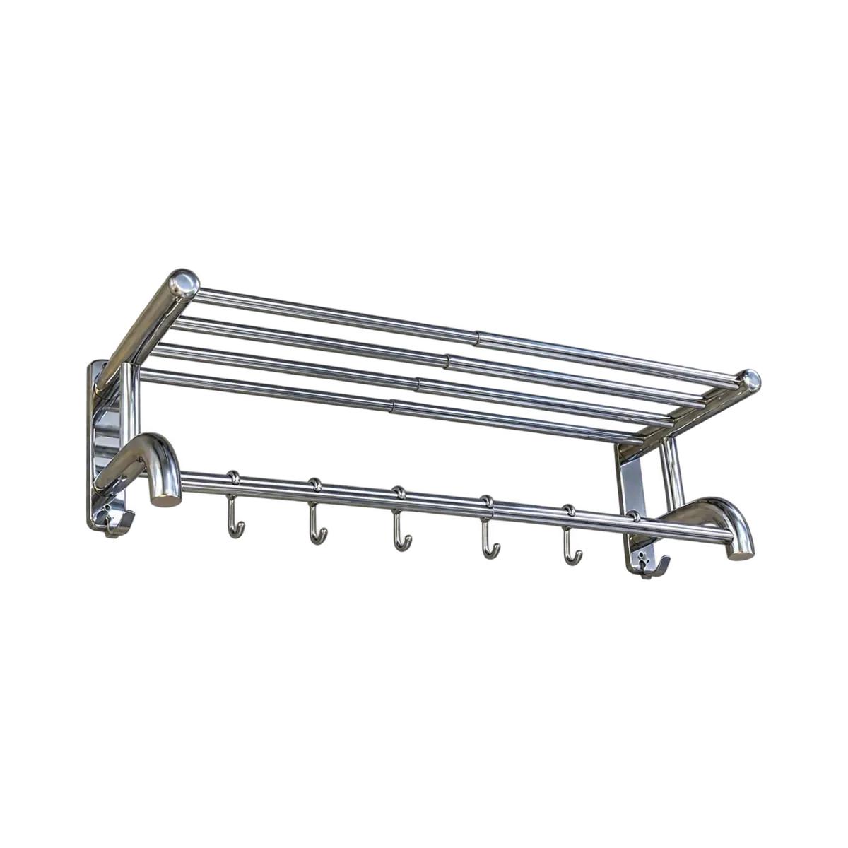 Silver-finish wall shelf with upper slats, lower rail and multiple hooks.