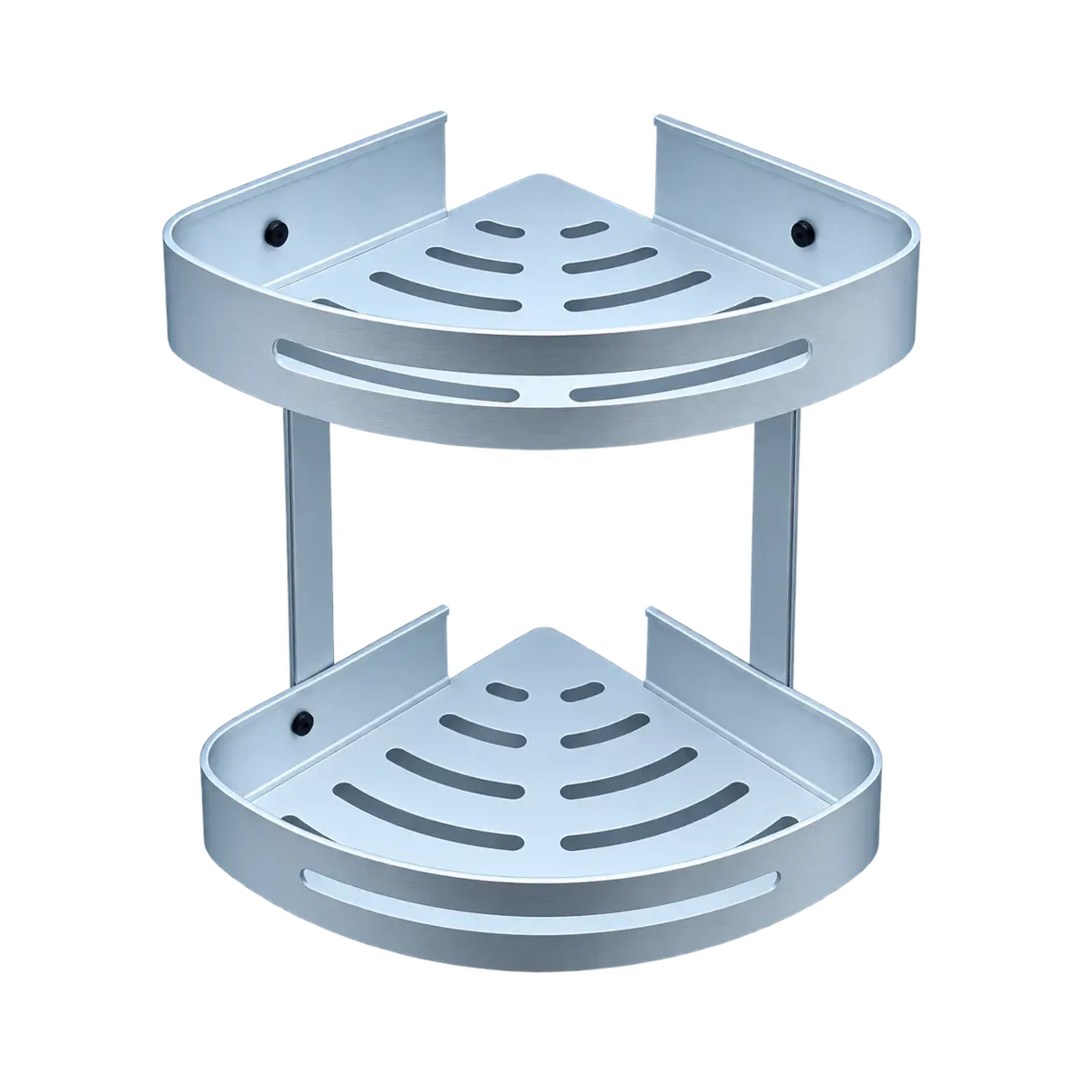 Light silver-finish two-tier corner basket with raised sides and curved slots in its bases.