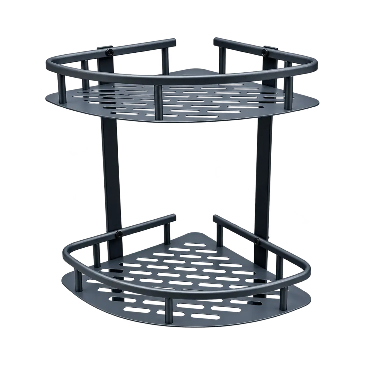 Black two-tier corner basket with rounded front rails and slotted bases.
