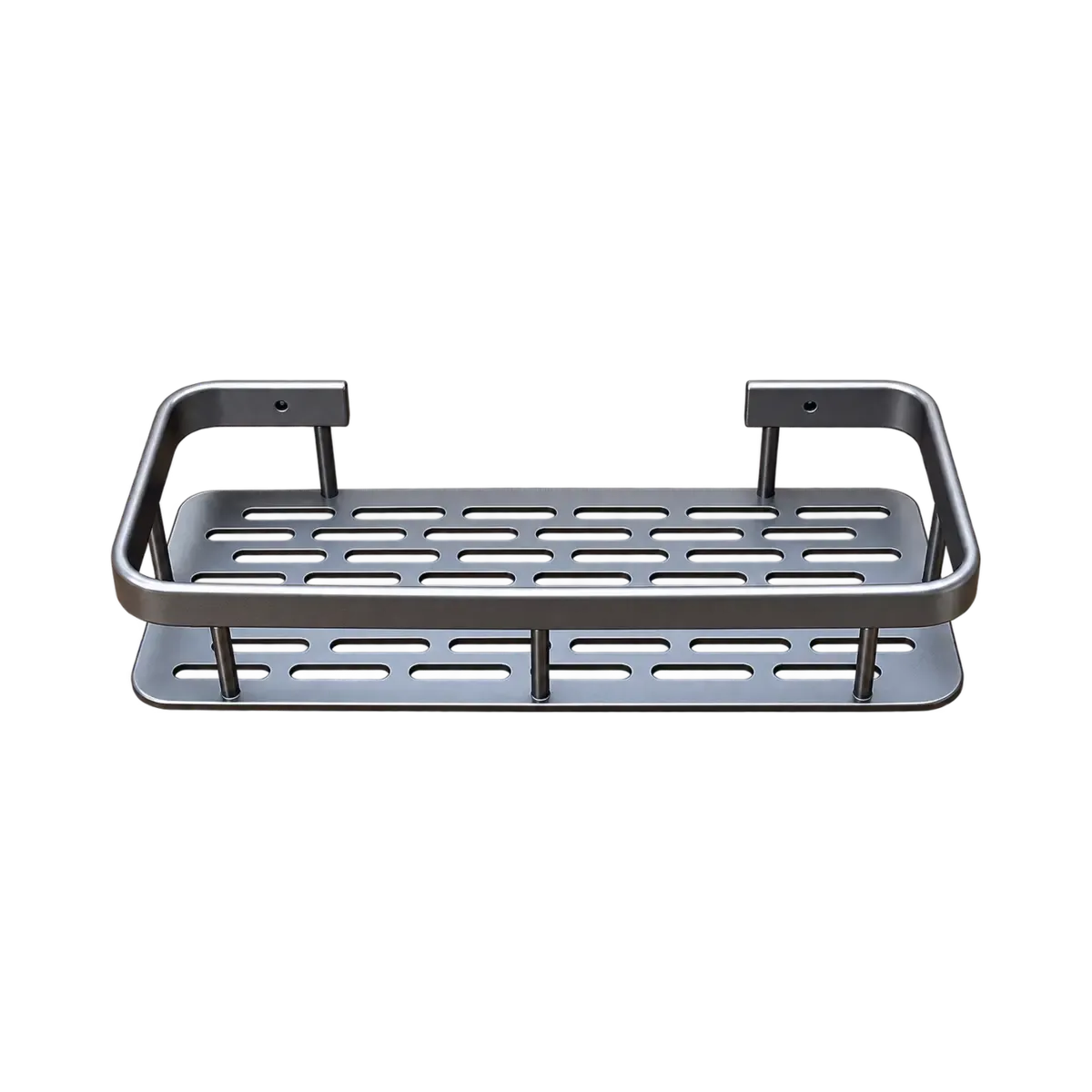 Grey rectangular wall basket with open rails, slotted base and raised mounting arms.