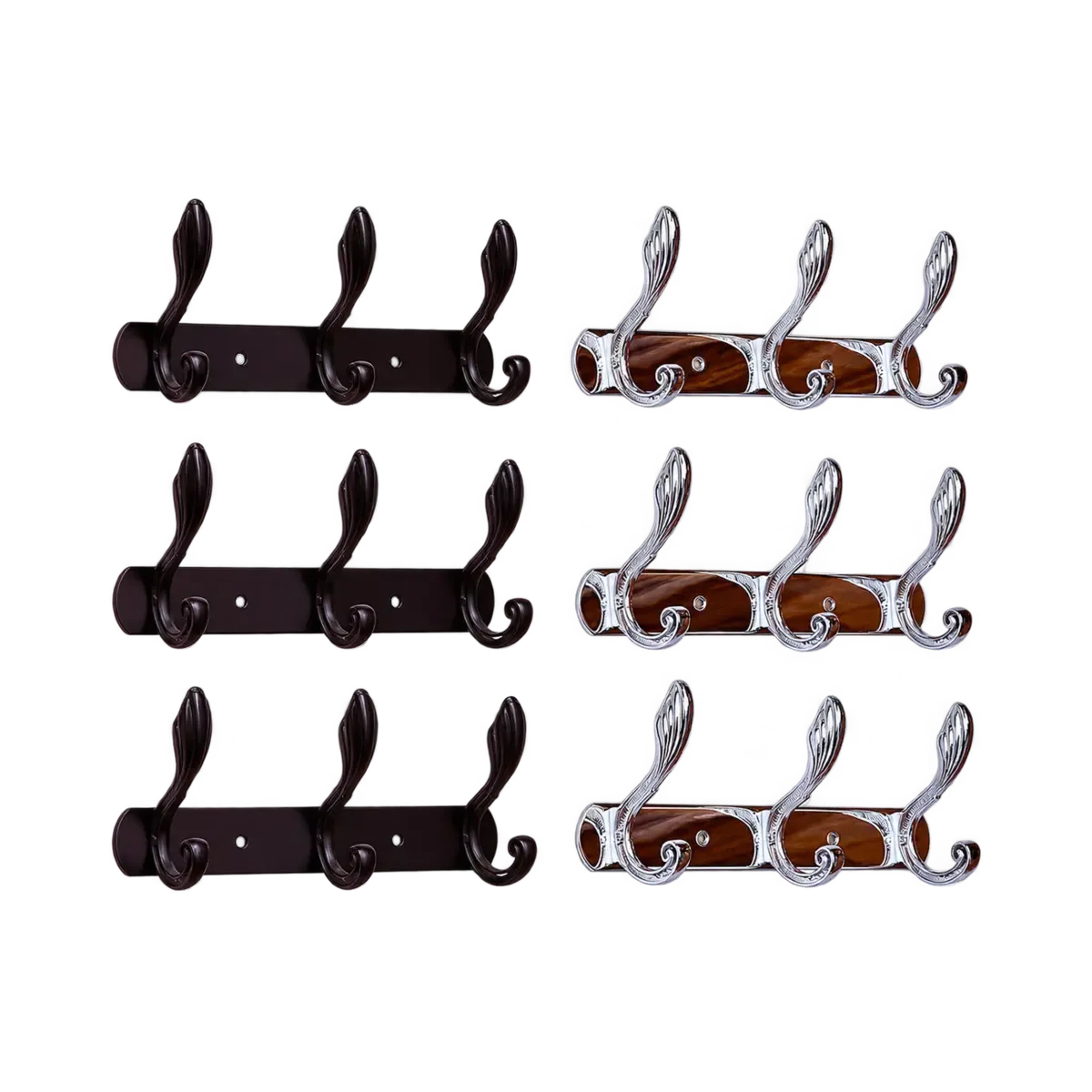Several dark brown-looking and silver-finish strips with three curved upper hooks and lower prongs.