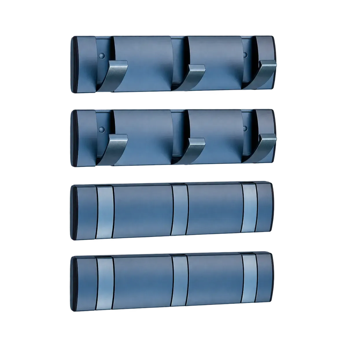 Four grey wall strips; two show open hooks and two show flush folding-looking sections.
