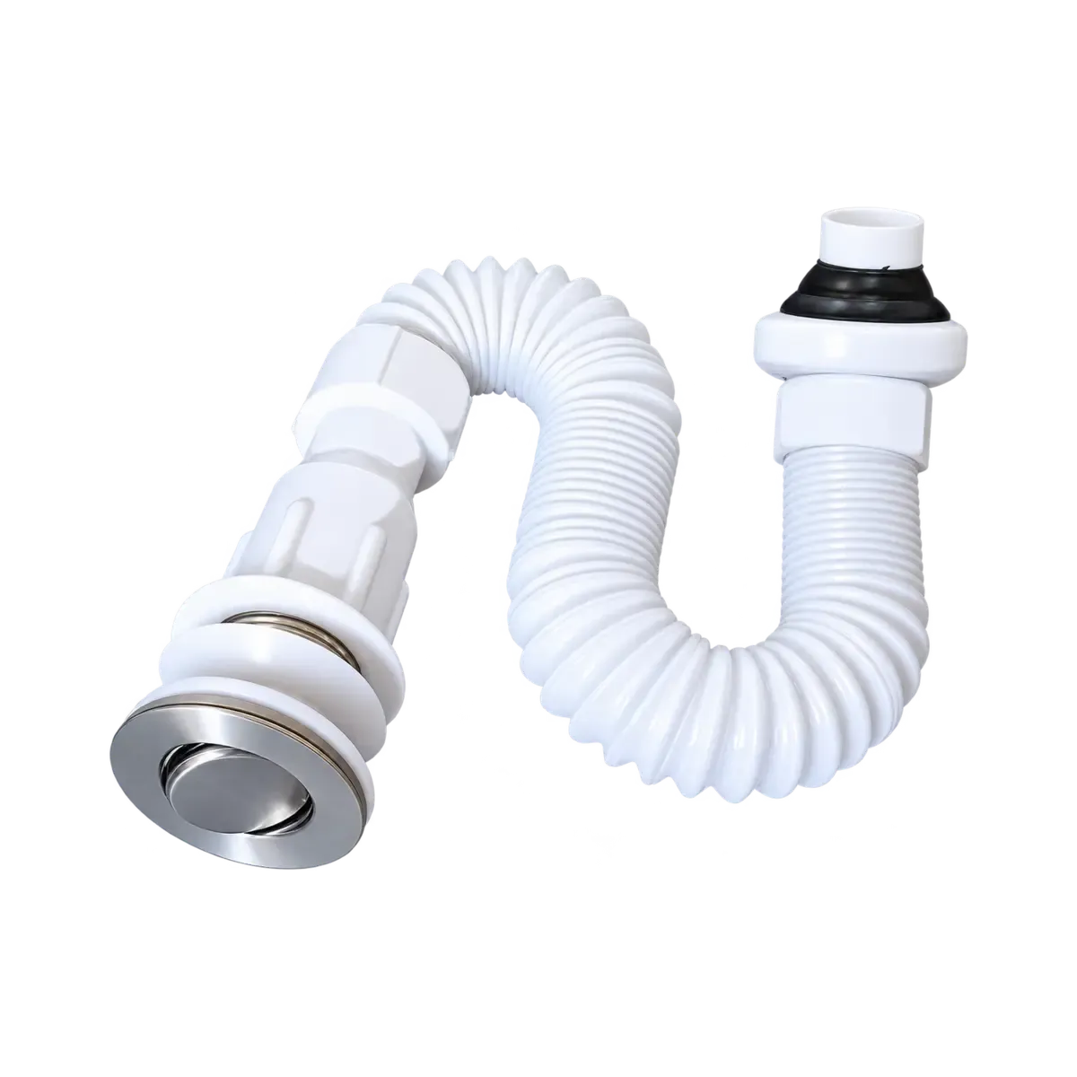 White corrugated flexible drain assembly with a reflective round drain end and black connection gasket.