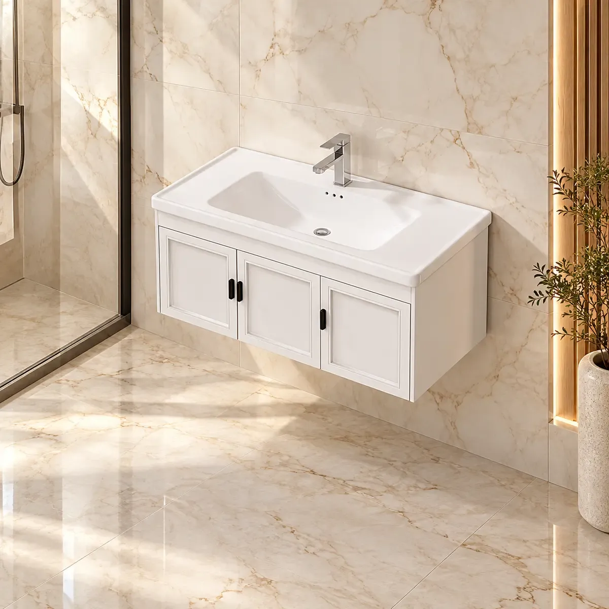 White wall-style two-door cabinet with a rectangular basin and reflective tap, shown in a bathroom scene.
