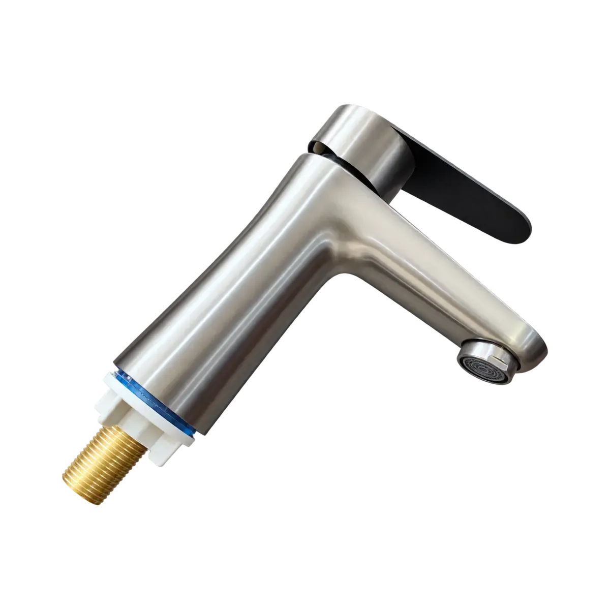 Short silver-finish tap with a black top lever, angled body and exposed threaded mounting end.