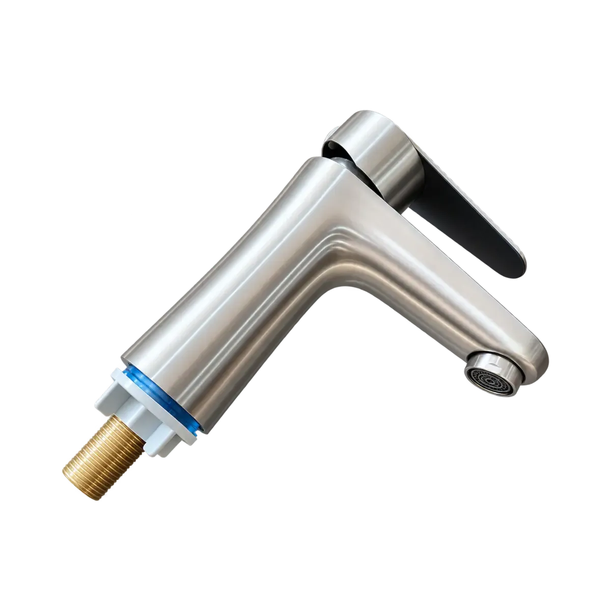 Silver-finish tap with a black top lever and exposed threaded mounting end; may show another view of a related model.