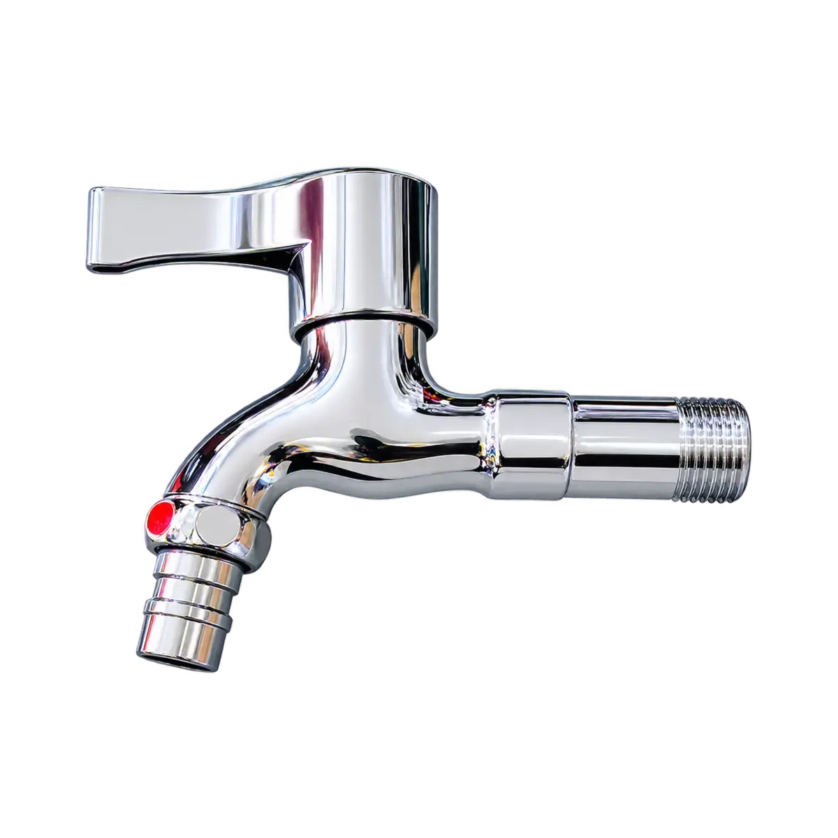 Small reflective wall tap with a top lever, downward outlet and exposed threaded inlet.