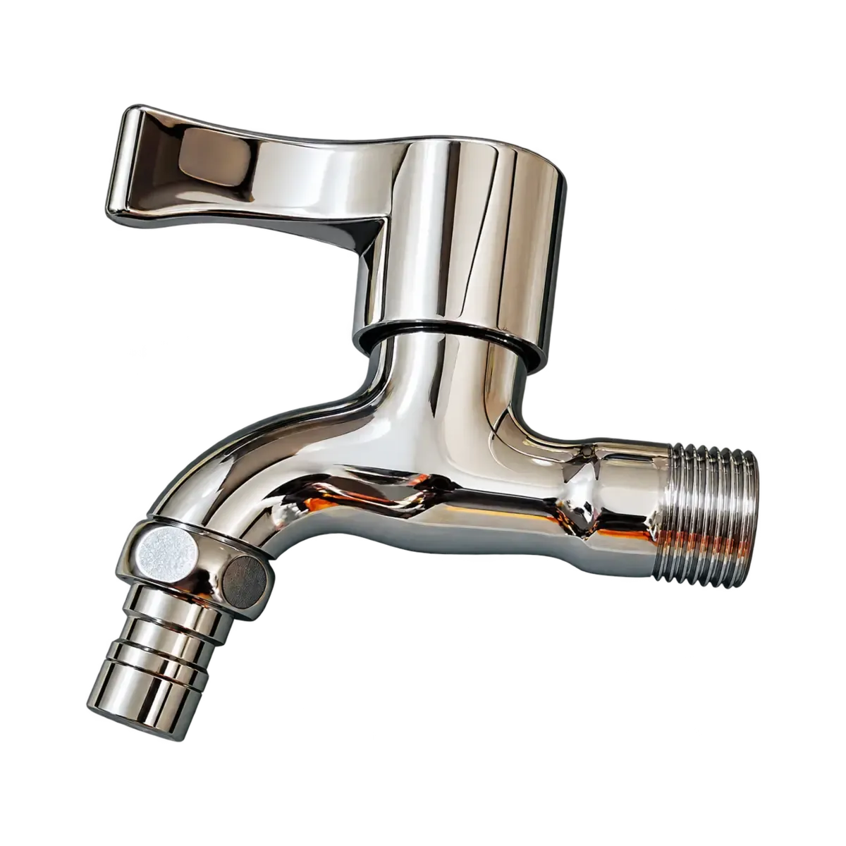 Small reflective wall tap with a broad top lever, downward outlet and threaded inlet; may show another view of a related model.