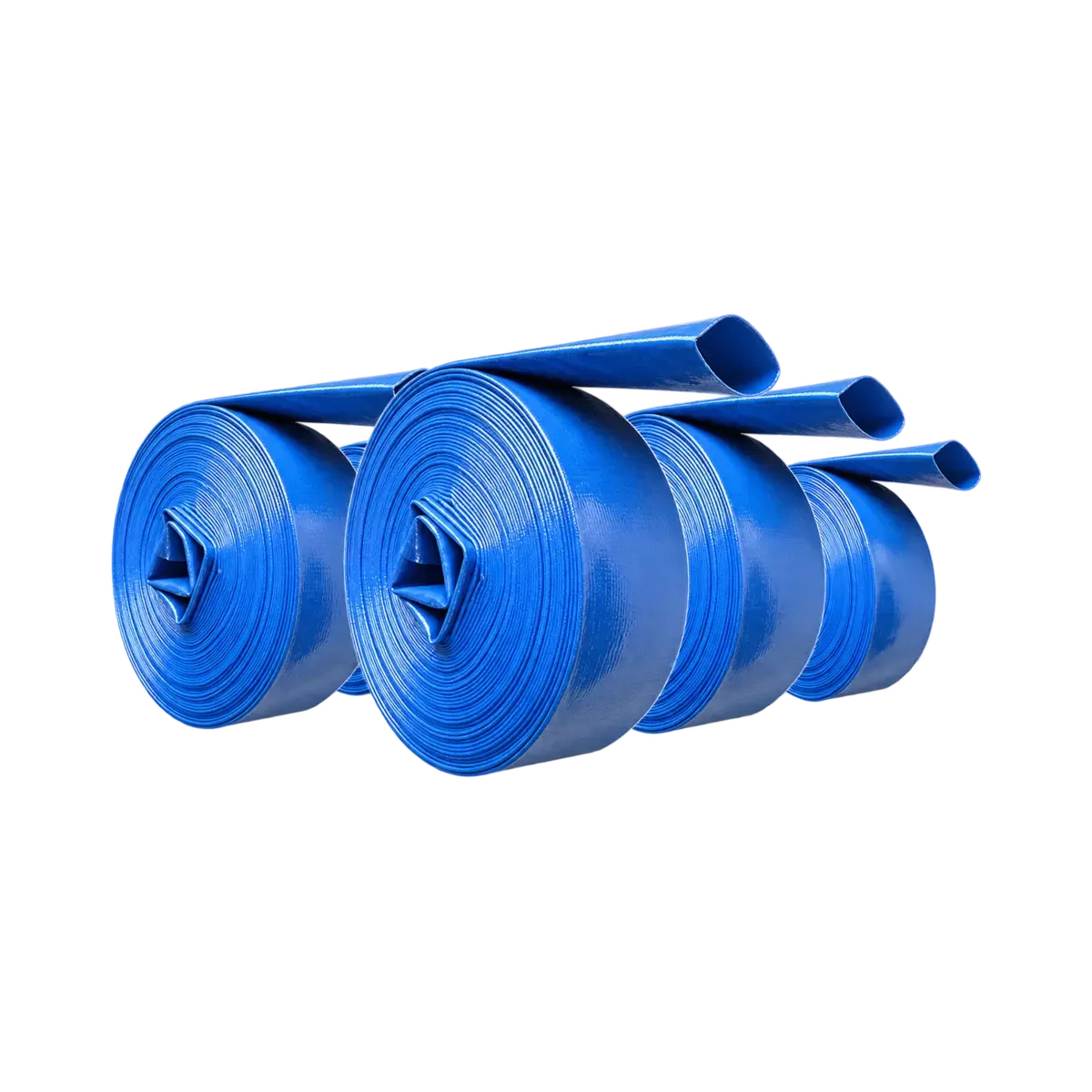 Three blue flattened-looking hose coils with extended open ends.