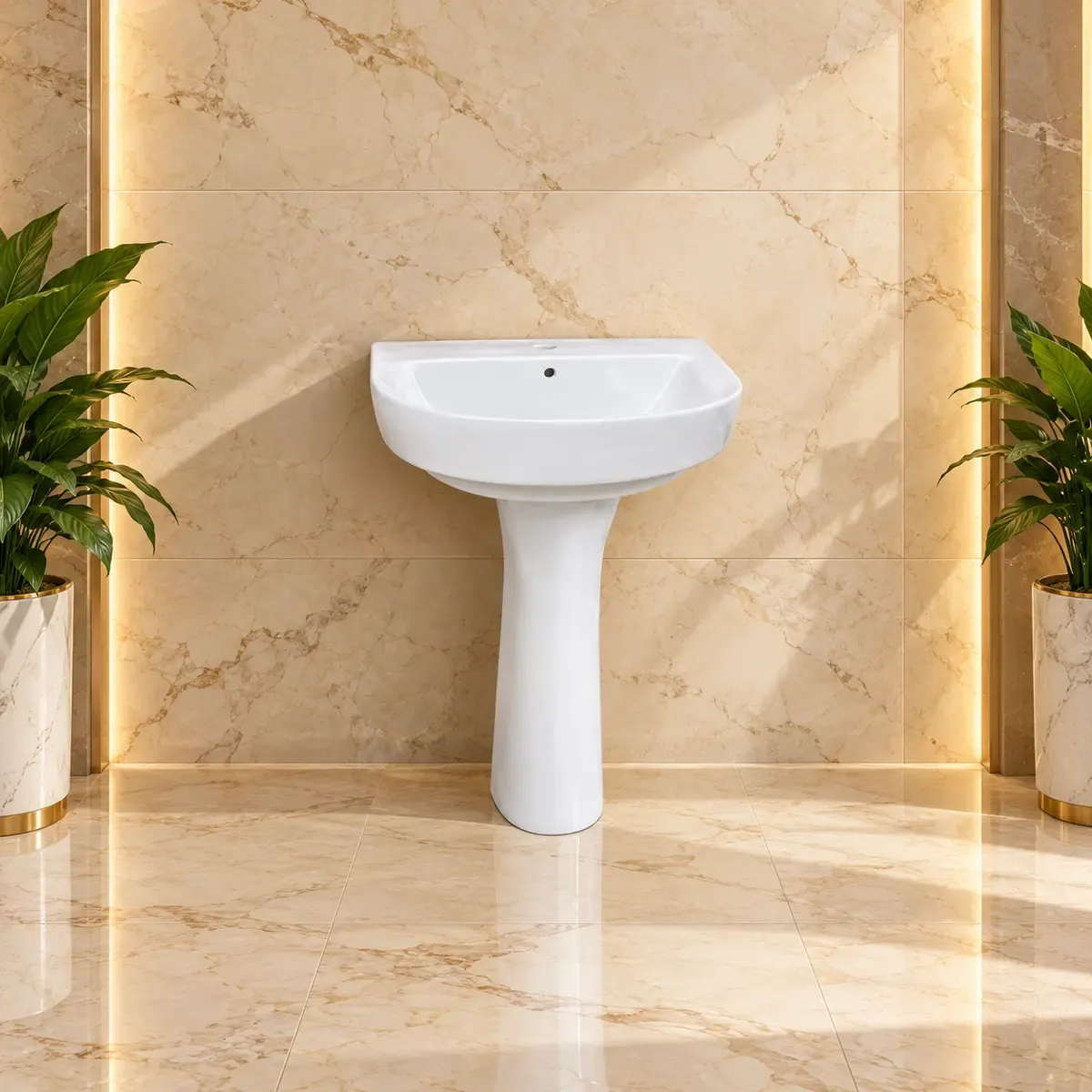 White basin with rounded bowl front and a curved tapering pedestal.