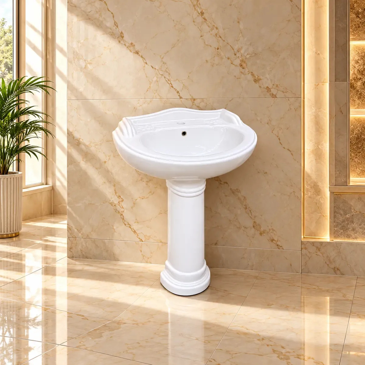 White basin with a sculpted scalloped-looking rim and a decorative pedestal.