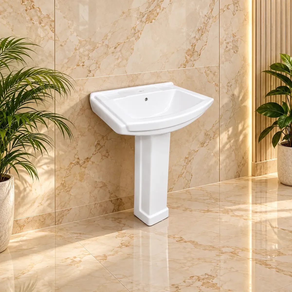 White basin with broad angular rim above a stepped square pedestal.
