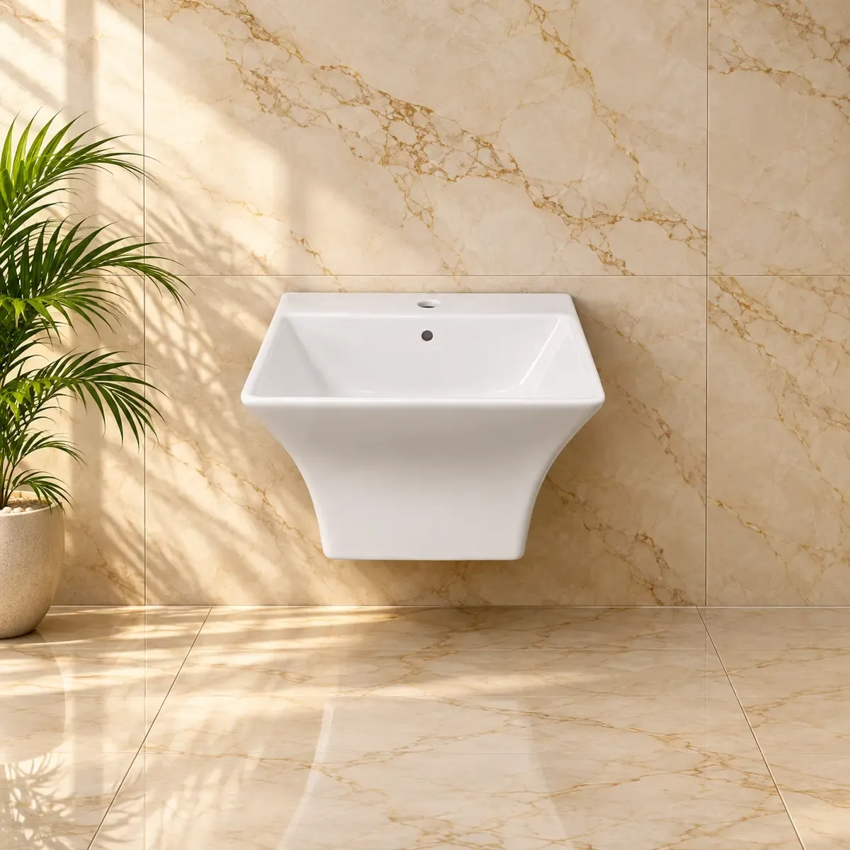 White rectangular wall-style basin depicted with a short tapering underside cover.