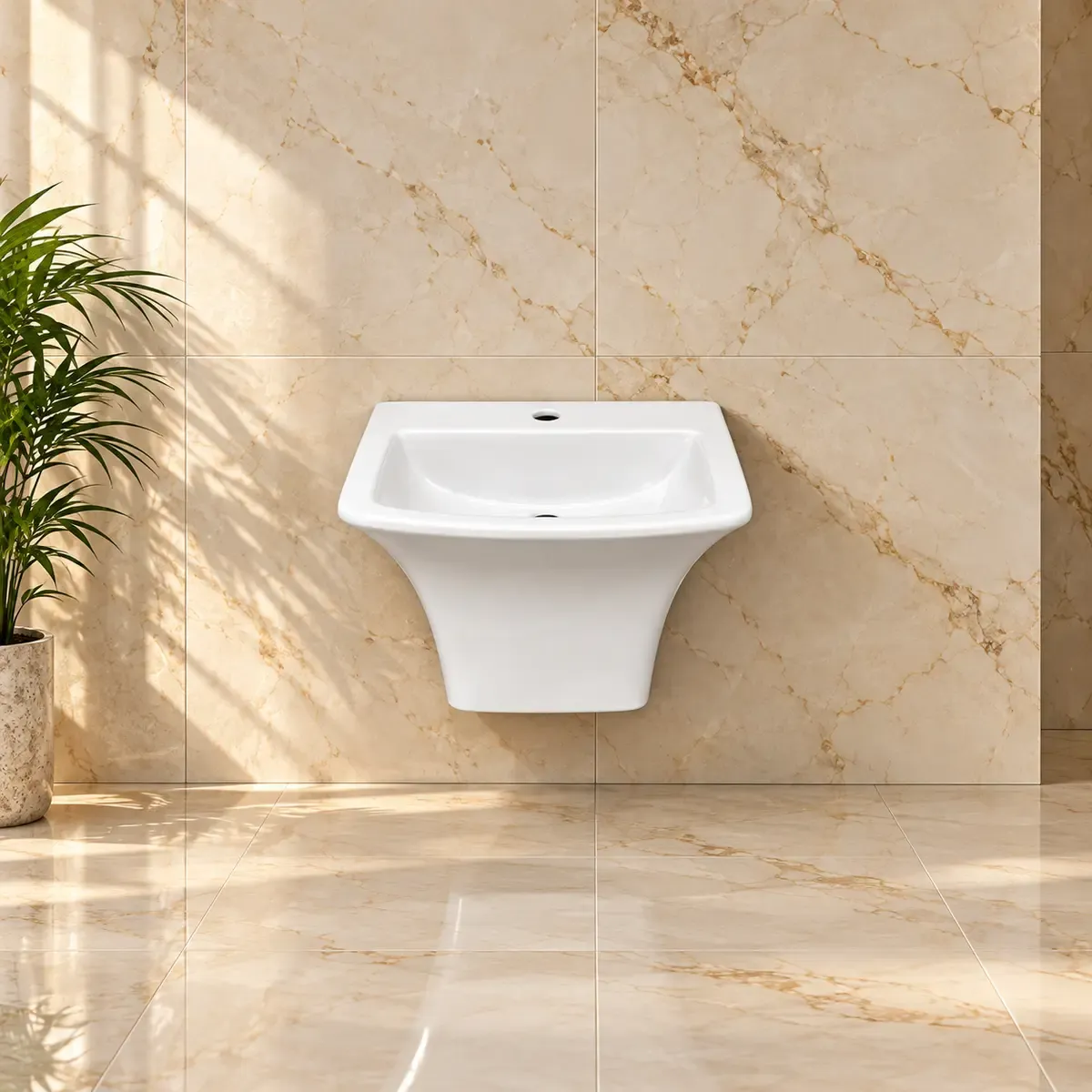 White wall-style basin with a rounded front and a short underside cover.