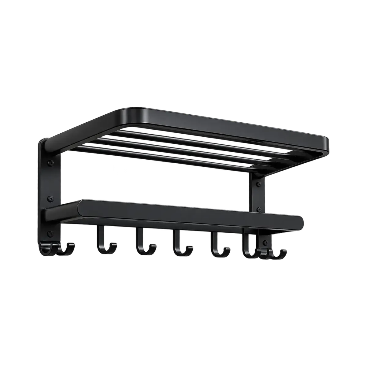 Black wall towel rack with upper slats, lower bar and a row of hanging hooks.