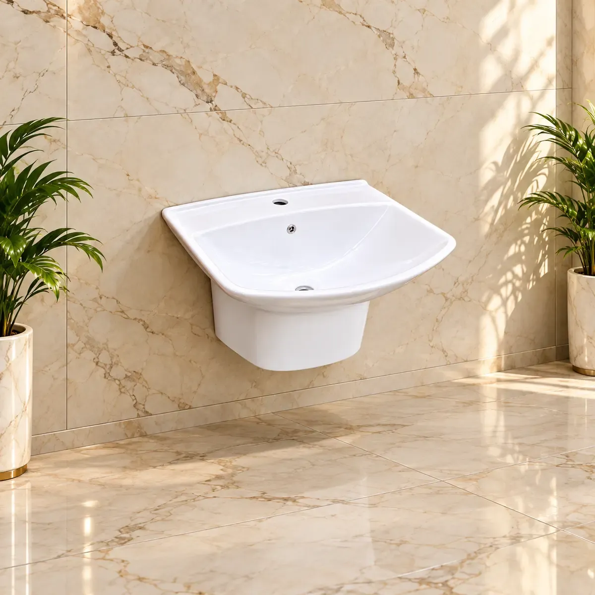 White wall-style basin with broad curved front and rounded underside cover.