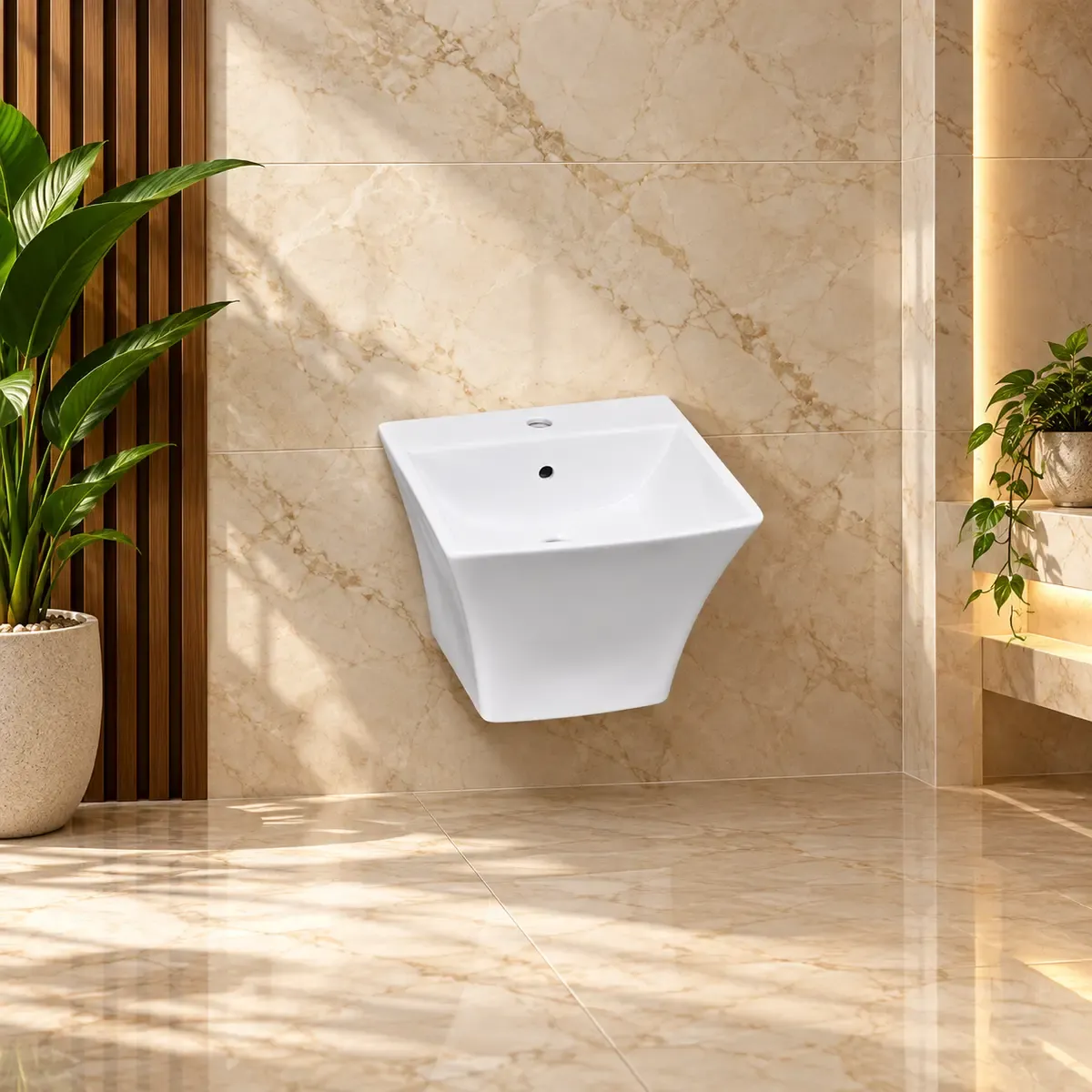 White square-edged wall-style basin with a short angular underside cover.