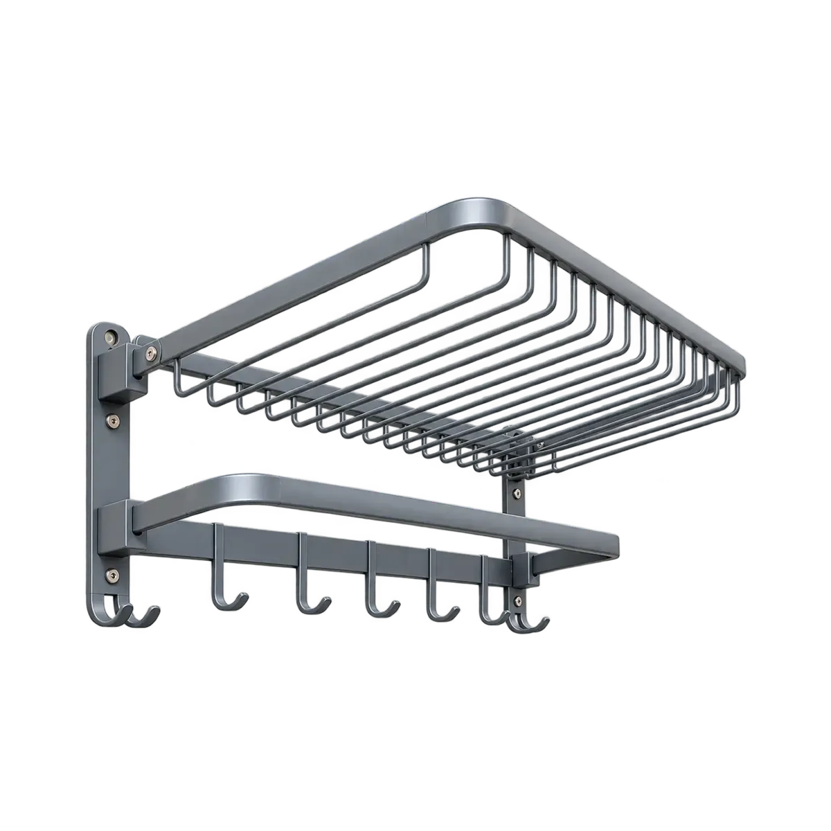 Grey wall shelf with closely spaced bent upper bars, lower rail and hooks.
