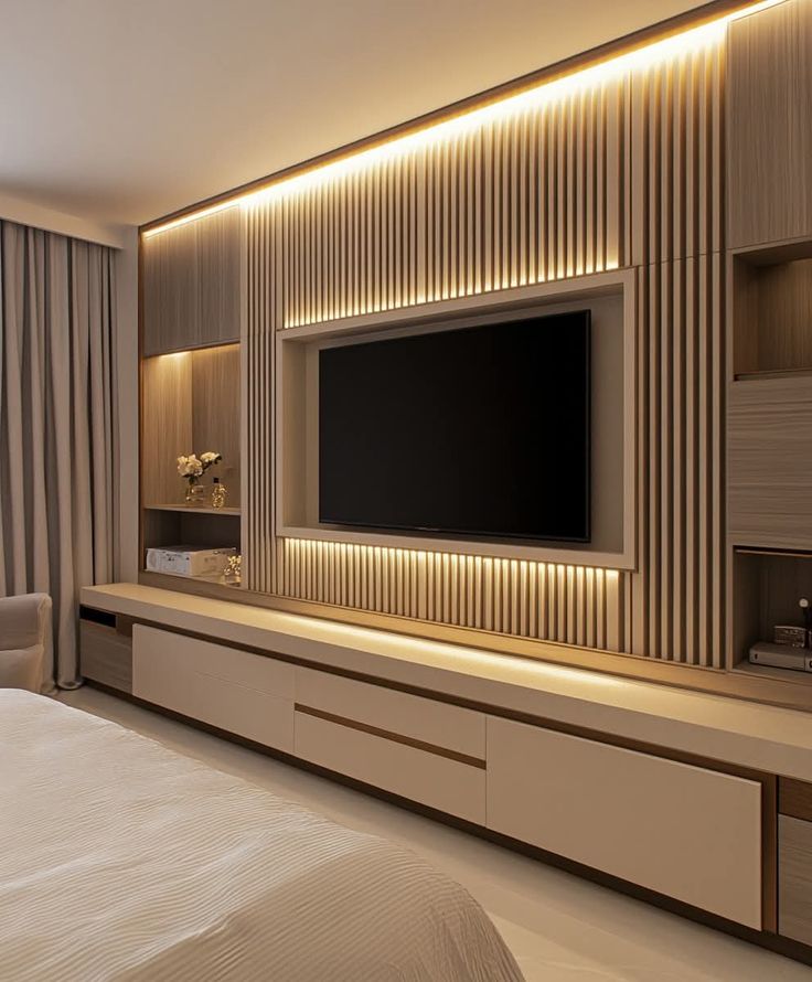 Slatted TV Wall Unit with Long Console — F026