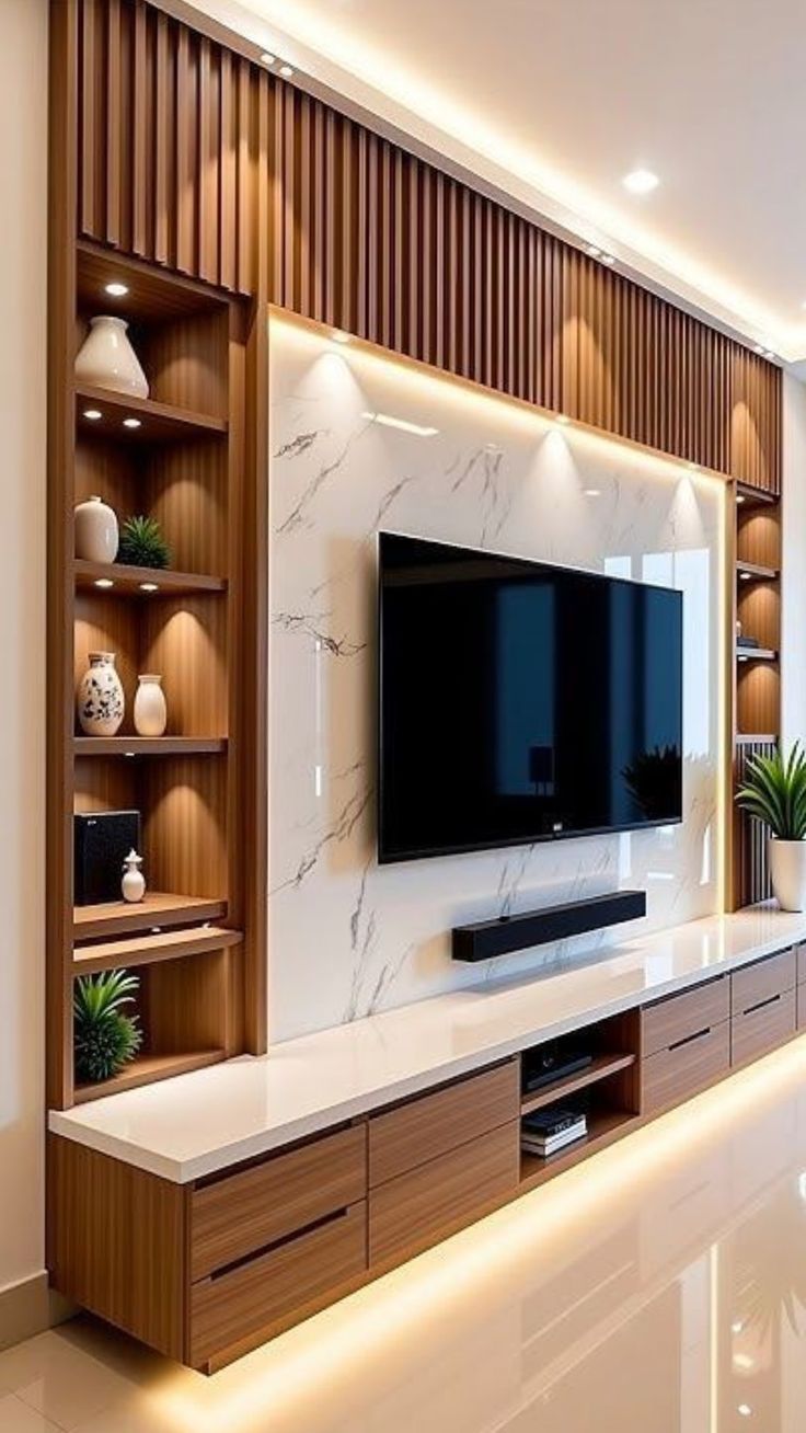 Wood-Tone TV Wall Unit with White Panel — F031