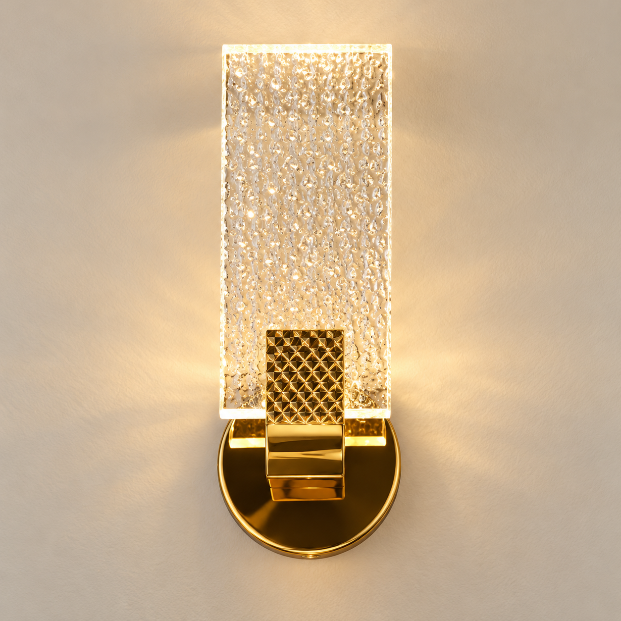 Be Lighting 6122 gold wall light with textured rectangular glass