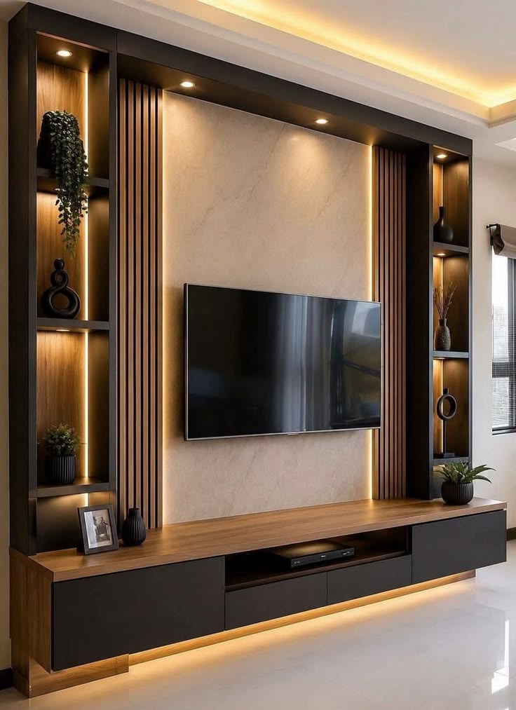 TV Wall Unit with Illuminated Display Shelves — F033