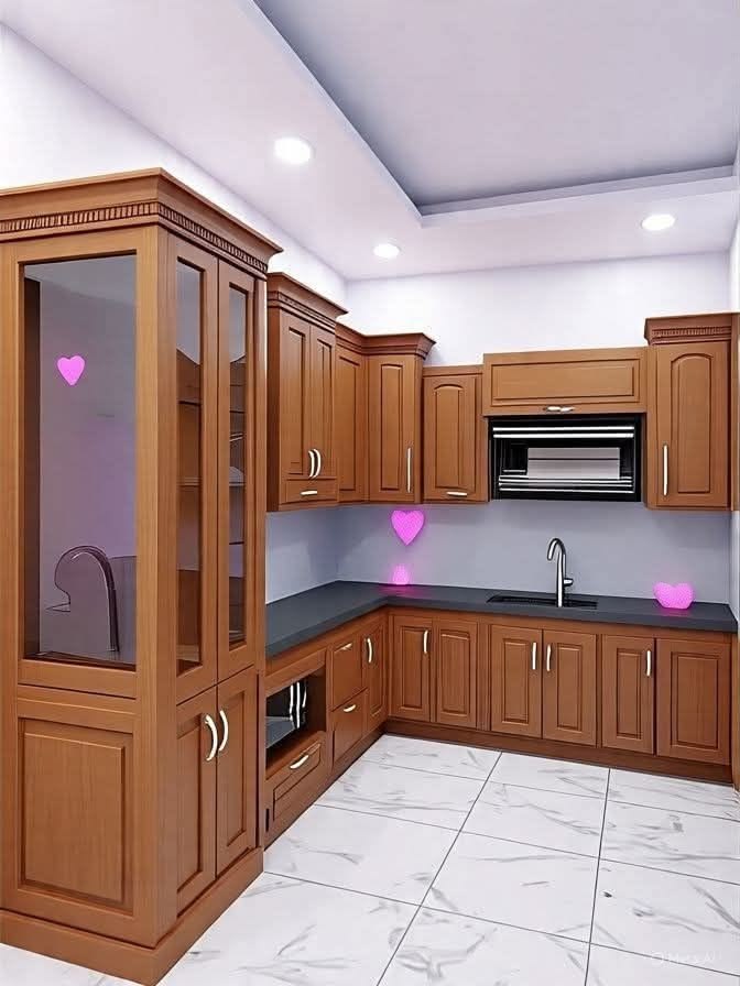 Wood-Tone Kitchen Cabinets with Tall Unit — F035