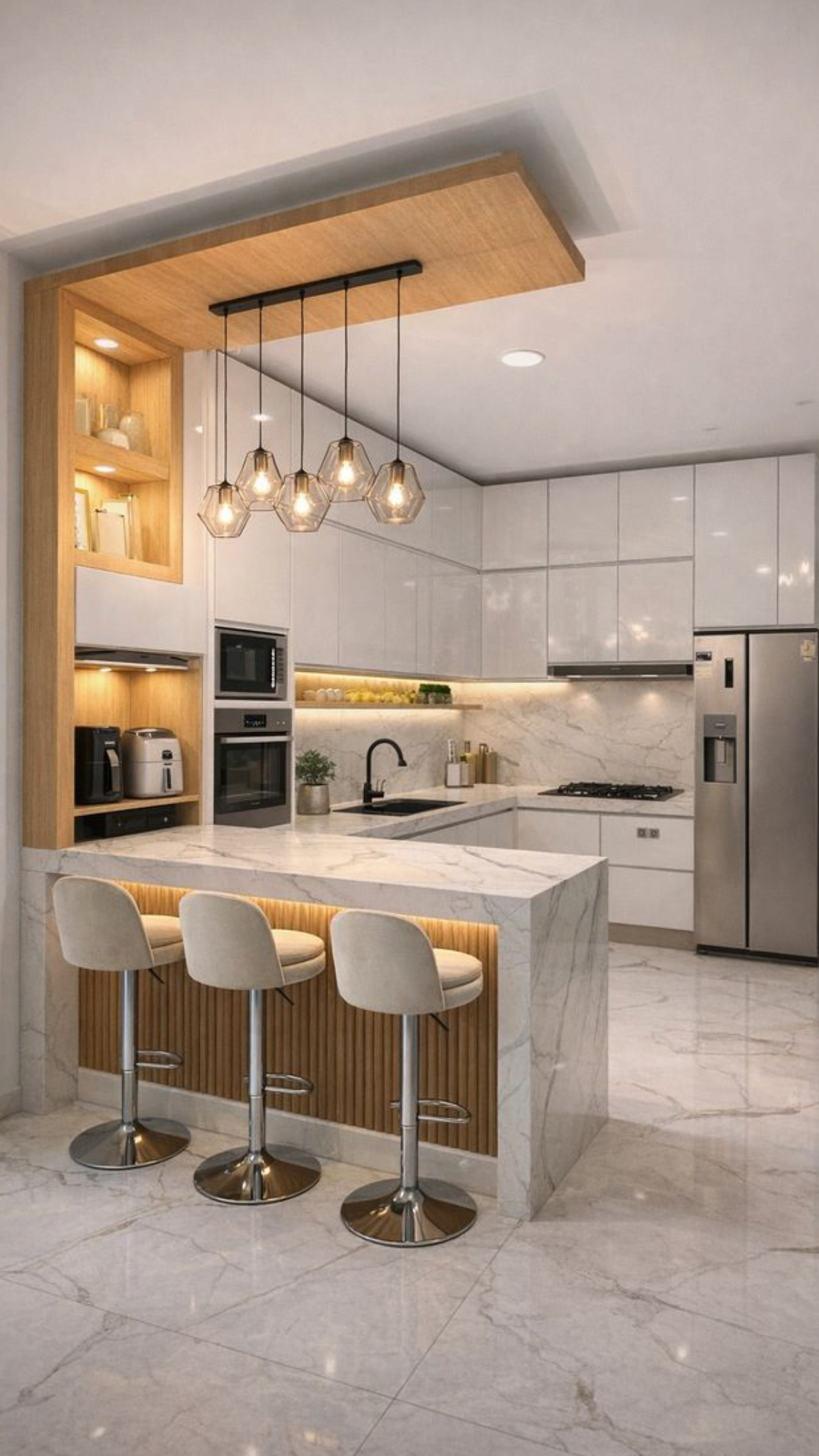 White Kitchen Cabinets with Peninsula — F037
