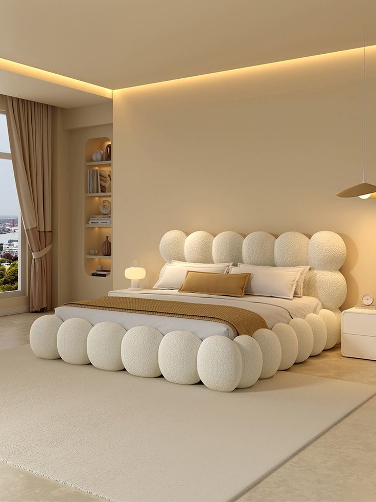Cream Rounded Upholstered Bed — F039